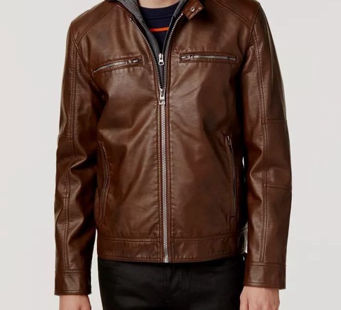 $226 Guess Men's Brown Faux-Leather Motorcycle Jacket Coat Size L