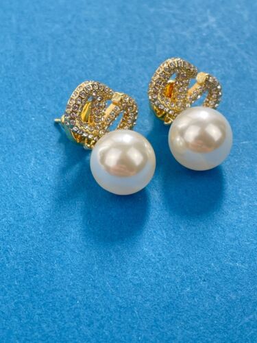 Valentino Gold Crystal V Logo Faux Pearl Drop Earrings - Picture 2 of 5