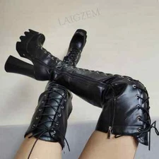 Women Over Knee Boots Side Zip Up Thick High Heels Faux Leather Boots Shoes Woma