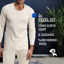 2 Piece %100 Merino Wool Set - Long Johns & Long Sleeve Shirt - Winter Underwear