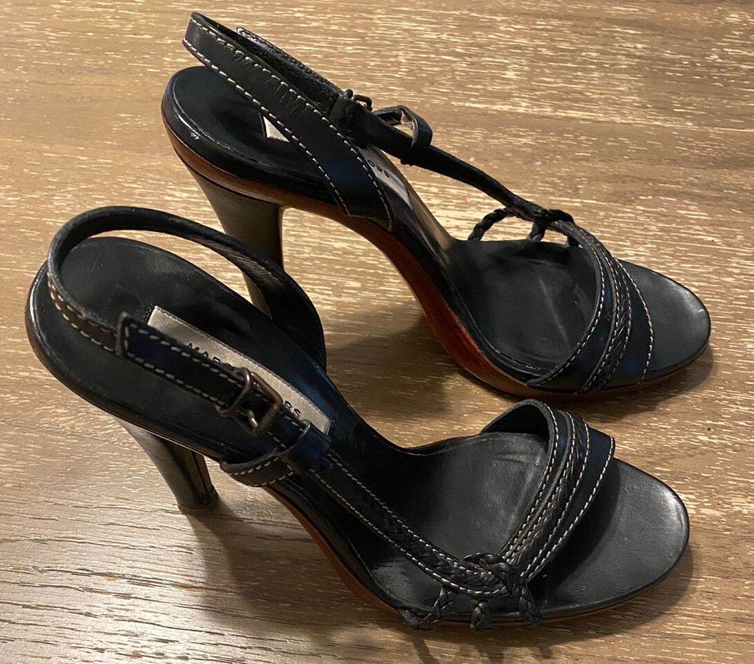 Marc Jacobs Open Toe Black Sling Back Leather White Top Stitch