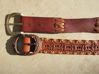 2 Vintage Hippy Boho Tooled Leather Signed 60s 70s Belts  display picture 2