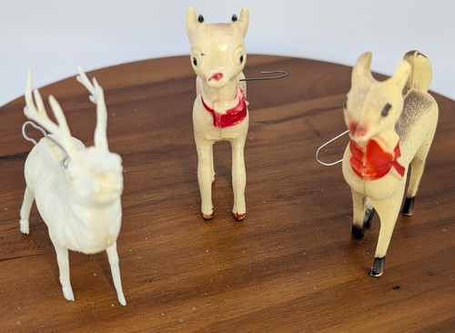 Vintage 50’s Hard Plastic Reindeer Deer Christmas Ornament Set Of 3