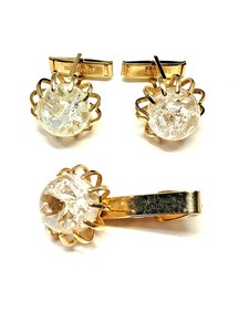 Vintage-Crackled-Glass-Ball-Cufflinks-and-Tie-Clasp-Gold-tone-metal