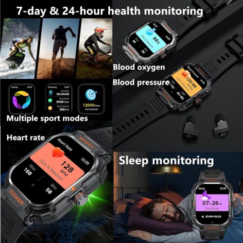 2025 Military Smart Watch Bluetooth Call Rugged Fitness Tracker With TWS Earbuds - Picture 9 of 16
