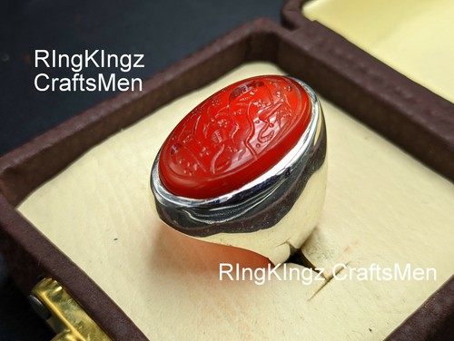 Yemeni Aqeeq Stone Mens Red Agate Ring Size 9 Engraved Stone Sterling 925 Silver - Picture 5 of 7