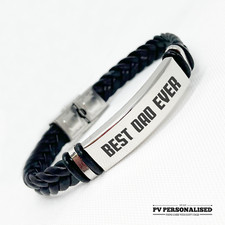 Personalised Mens Leather Bracelet Custom Engraved ID Plate Dad Gift Fathers Day