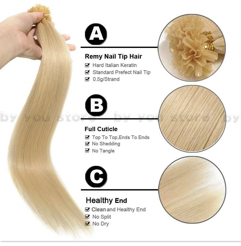 Extensiones de cabello humano con punta en U de uñas de doble dibujo de 16"-24" queratina preunida 1 g 200 g Foto 4 de 4