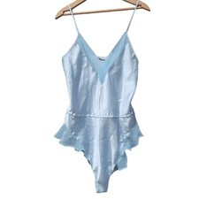 Vtg Gold Label Victoria Secret Lingerie sz M Blue Satin Teddy Romper Nightie 90s