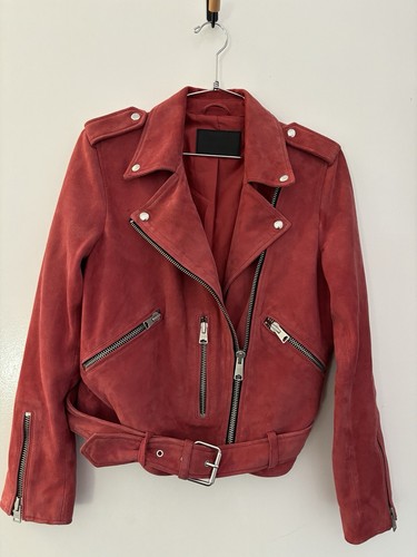 All Saints Leather Jacket Suede Balfern RaspberryRed Beaujolais Biker UK10 US6 - Picture 4 of 14