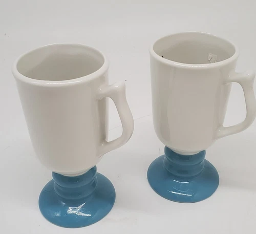 Vintage Lot Of 2 Hall 1272 White Footed Irish Coffee Mugs Teal Pedestal Base MCM