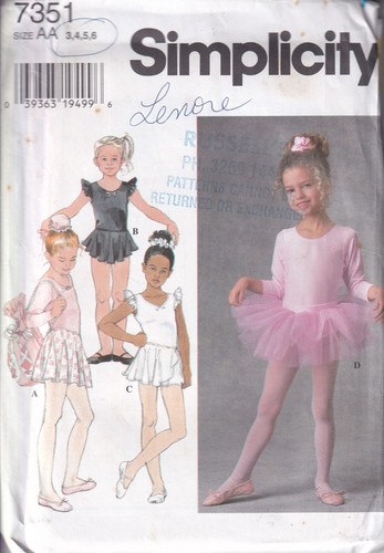 Simplicity 7351 Girls Ballet Leotard Skirt Bag Sewing Pattern Size 3 4 5 6