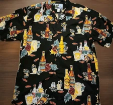 AFTCO Bluewater Hawaiian Shirt Mens L Drinks Cocktails Black Short Sleeve AOP