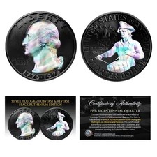 1976 Bicentennial Genuine Quarter Coin - BLACK RUTHENIUM & SILVER HOLOGRAM