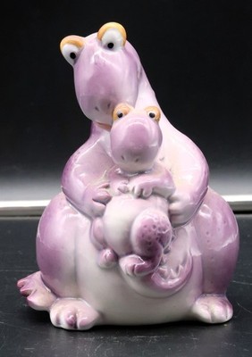 Vtg Purple Dinosaur or Dragon Momma and Baby Still Bank Ceramic Unique Find