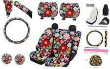 Car Seat Cover Set Includes Cup Holder/Gear Shift Knob Colorful Daisy Flower