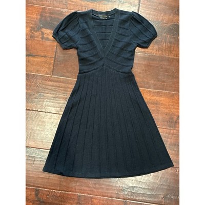BCBGMAXAZRIA Knit Skater Dress Women XXS Black Merino Wool Puff Sleeve V-Neck