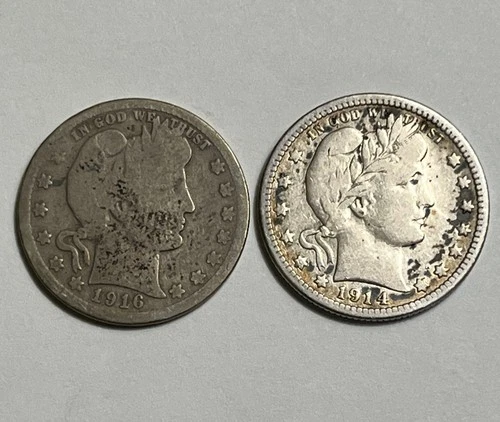 1914 & 1916  Barber Quarter  *** 2 COIN LOT ***  90% Silver Scrap