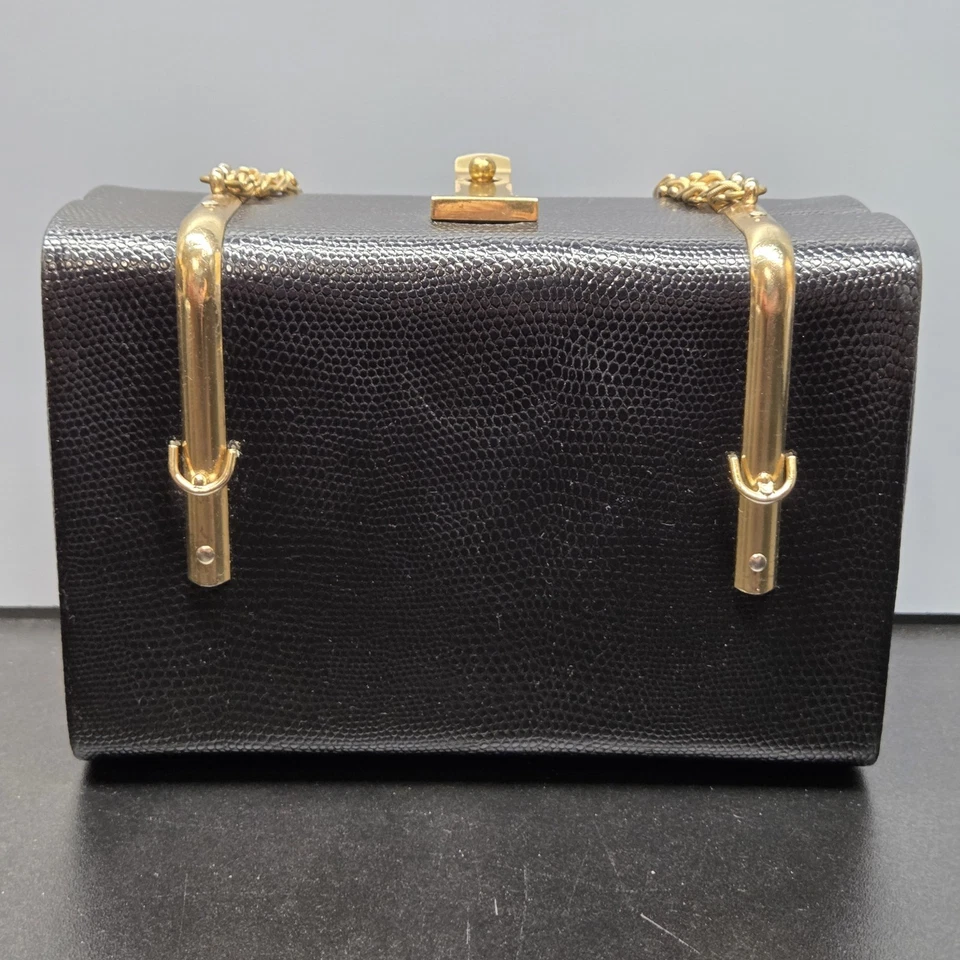 Bolso de mano vintage Meyer Box asas de cadena dorada piel de lagarto en relieve negro Foto 4 de 4