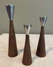 Set of 3 Danish Textured Copper Base and Pewter Top Tulip Candlesticks