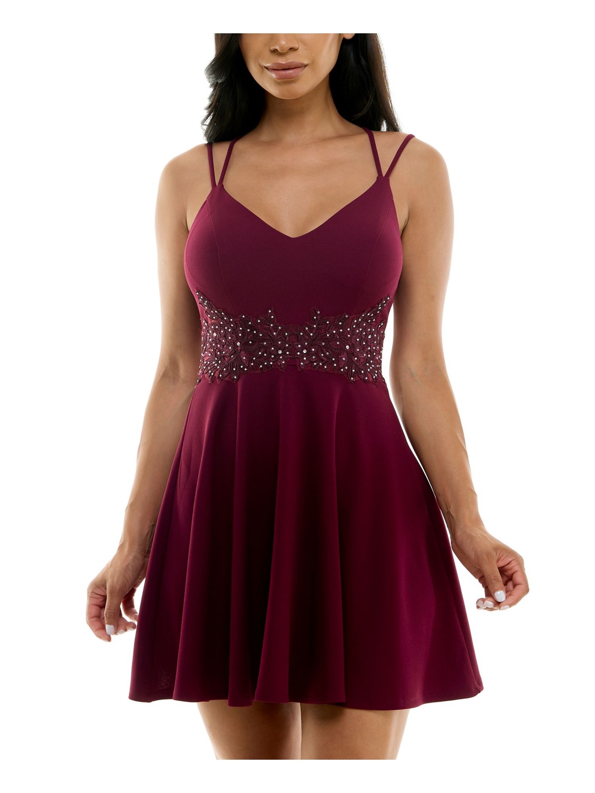 B DARLIN Womens Burgundy Applique Waist Sleeveless Short Dress Juniors 1\2