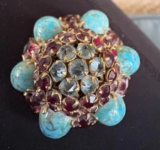 Schreiner Vintage Gold Turquoise High Dome Signed Brooch Pin - RARE