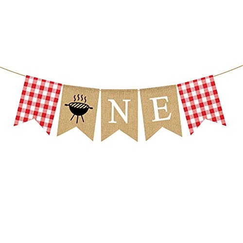 Jute Burlap BBQ Themed One High Chair Banner with Grill Barbecue 1st Birthday - Picture 2 of 6