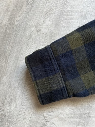 Wolverine Bottom Down Flannel Jacket Fleece Lining Size Large Navy/Green Hood - Bild 9 von 16