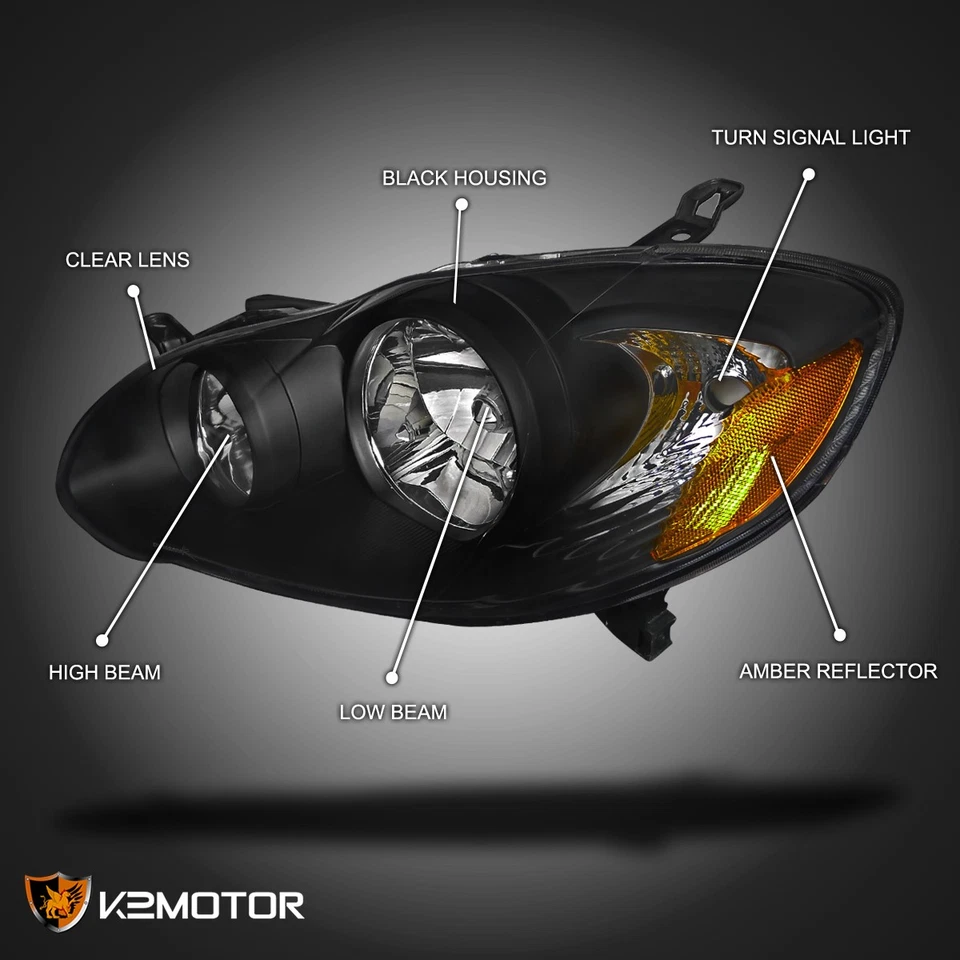 Fits 2003-2008 Toyota Corolla Black Headlights+Black Front Mesh Hood Grille Foto 3 de 4