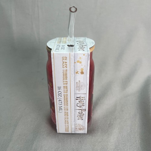 Harry Potter Hogwarts Red Glass Tumbler Bamboo Lid Glass Straw 16oz Crests/Snow - Picture 4 of 4