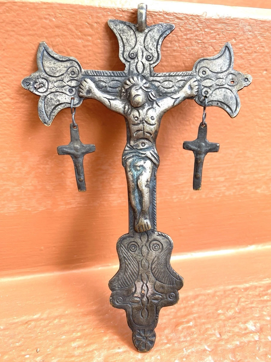 Ancien Crucifix Italien En Bronze, Bois Et Argent Sur Socle Marbre – Fin 20e (900)