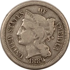 1889 THREE CENT NICKEL - PLEASING CIRCULATED EXAMPLE! RARE DATE! MINTAGE 21,000+