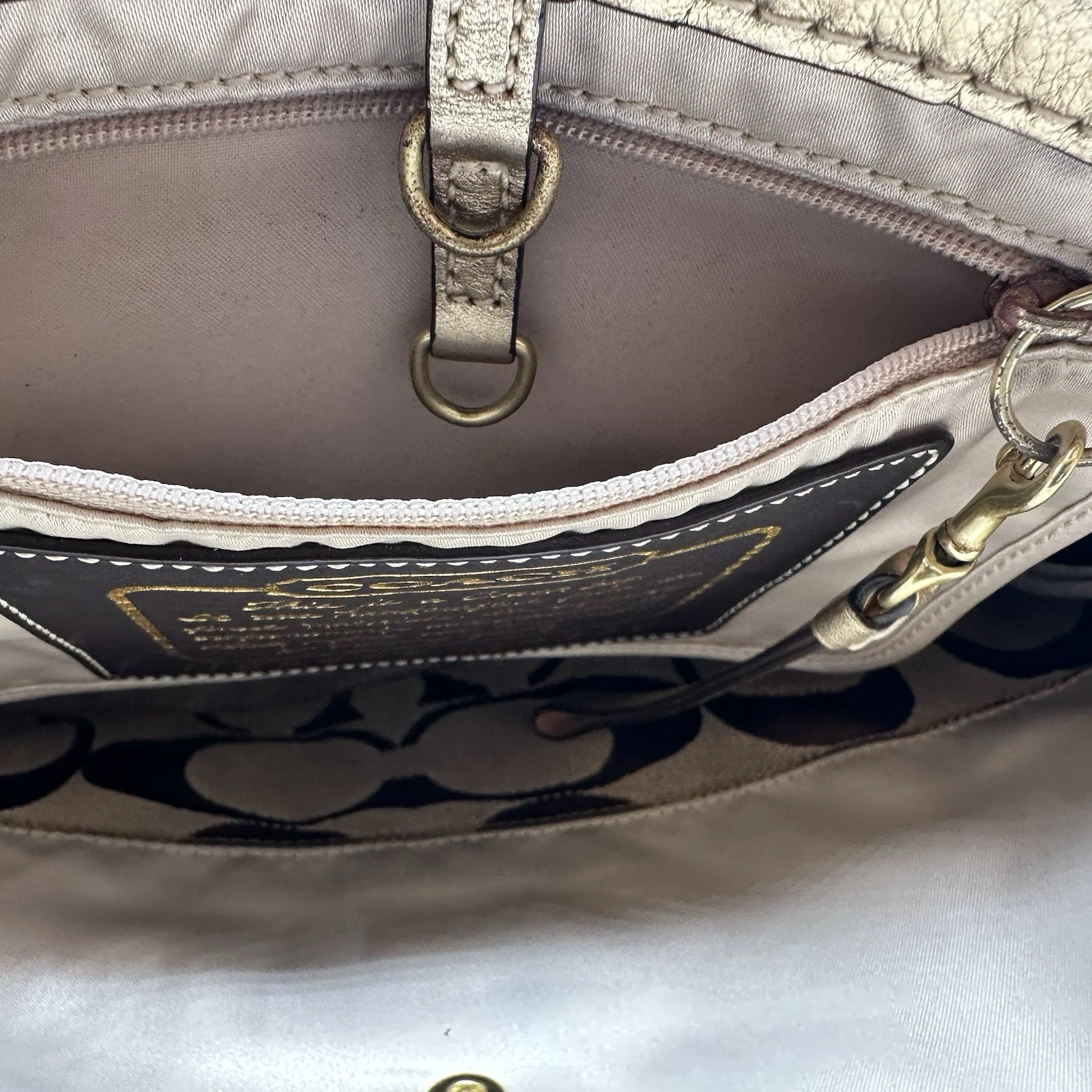 Borsa Coach Signature a righe kaki e cremisi tela pelle tote bag vintage nuova con etichetta