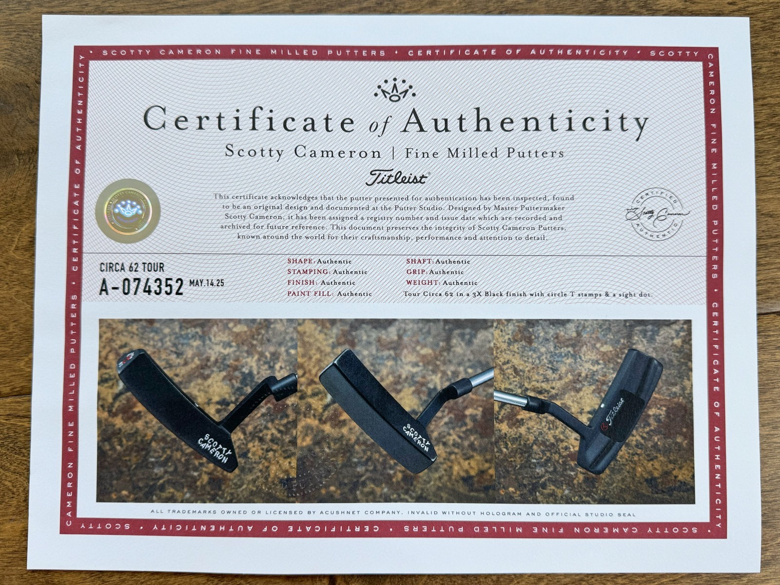 A074352, the certificate in an eBay listing's photos