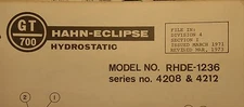 HAHN-ECLIPSE Hydrostatic​ GT-700 Lawn Yard Garden Tractor Parts Manual RHDE-1236