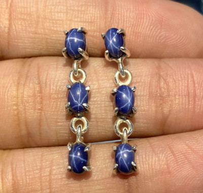 Natural 6 Ray Star Blue Sapphire Gemstone Earring Silver Handmade Women Earrings