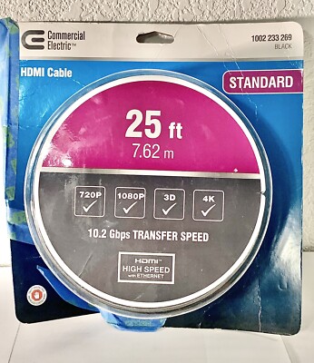 NEW Opened Commercial Electric 25 Ft HDMI High Speed Cable W/ Ethernet 1080P