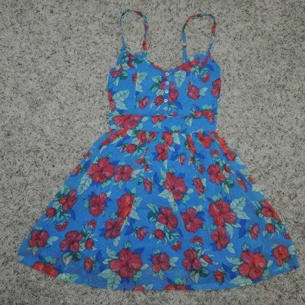 Womens Sundress Hollister Jr Girls Dress Blue Floral Spaghetti Strap Beach $70-M-image