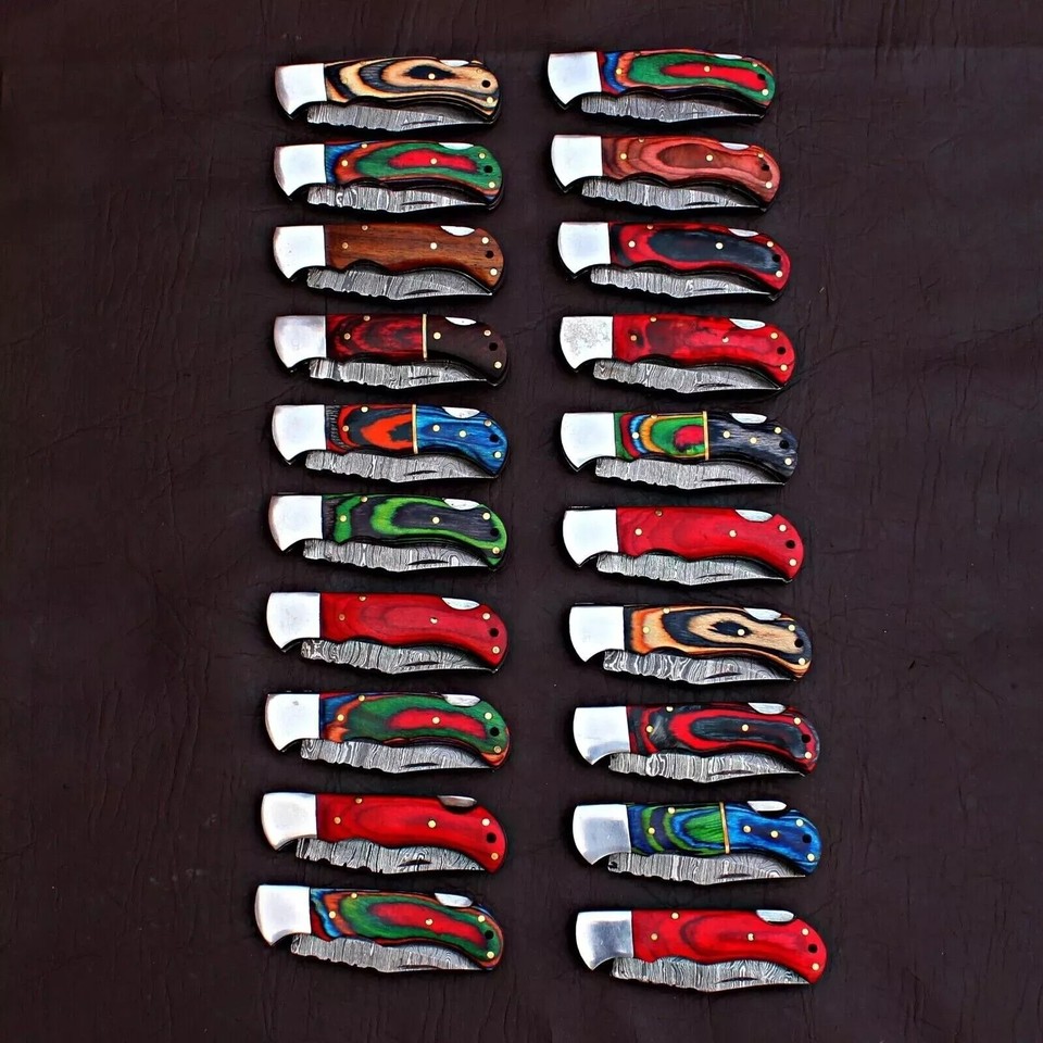 Knives Ebay SET OF 20PCS, HANDMADE DAMASCUS FOLDING KNIVES, COLORED WOOD HANDLE ...