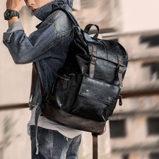 Men's Leather Rucksack Utility Backpack Cool Student Backpack Casual Travel
