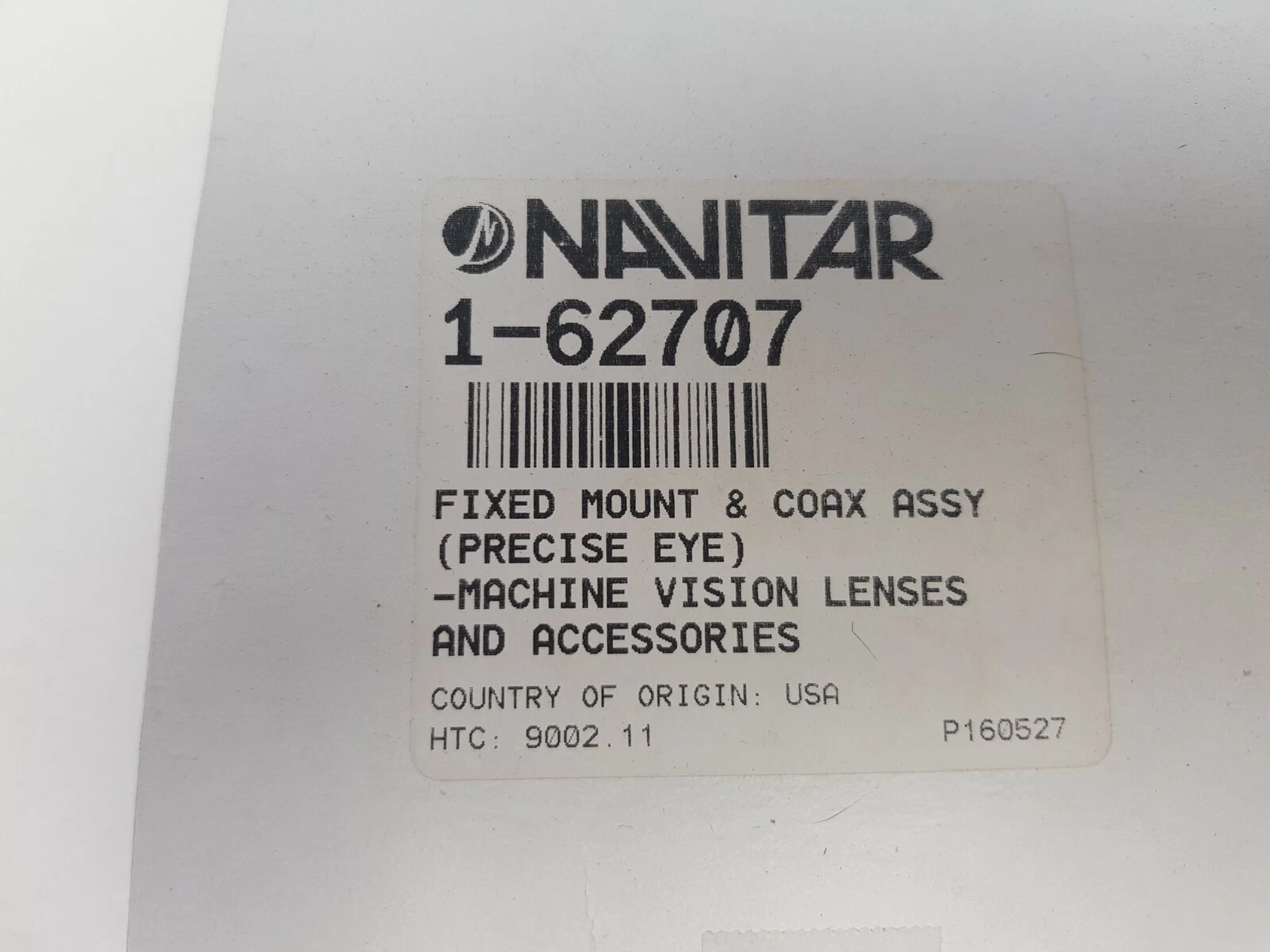 Navitar box label: 1-62707 Fixed Mount & Coax Assy (Precise Eye), country of origin USA