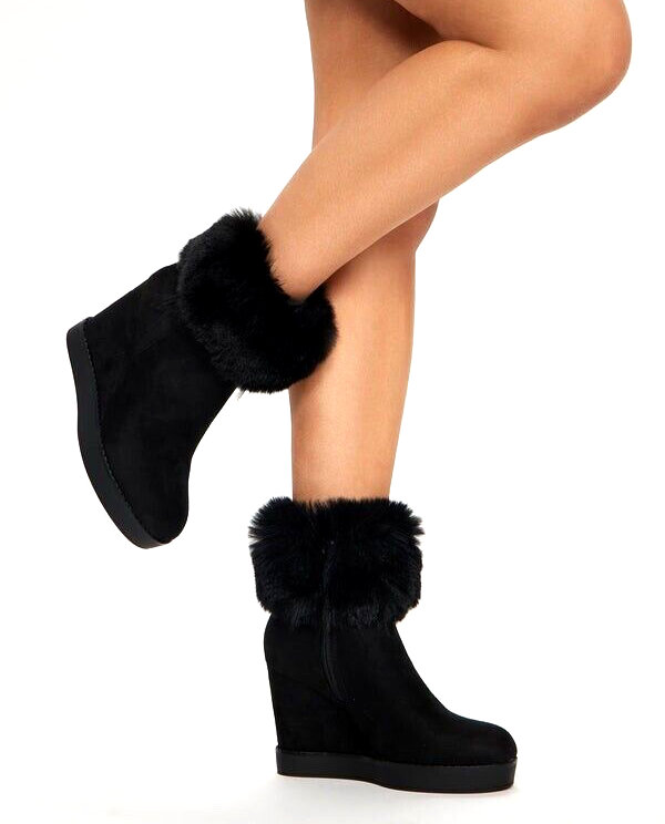 Womens Wedge Boots Winter Fur Platform Ladies Ankle Boots Zip Black Suede  Size