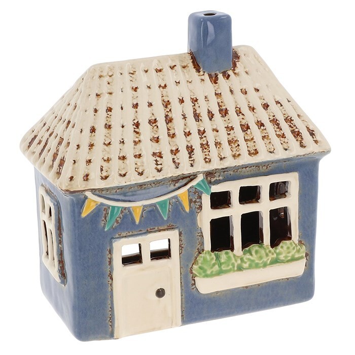 Village Pottery Ceramic Tealight Holder Pretty Blue Garden Flags House 340290