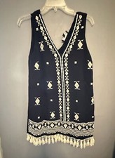 LULU’S | Sleeveless Black Embroidered Dress, Small, Tassled Hem Boho Hippie