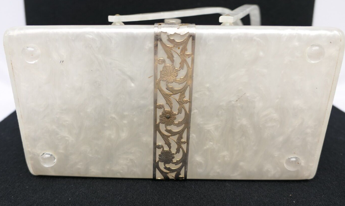 chiiiibag ノベルティ Vtg Feiner Bags Wht Pearlescent & Etched Floral Lucite