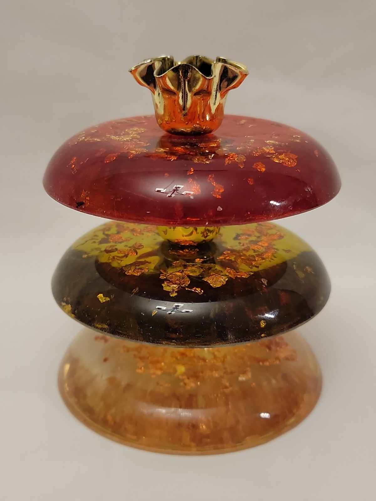 VTG Candle Holders Lucite Acrylic Gold Copper Flake Red Green Clear MCM Lot of 3