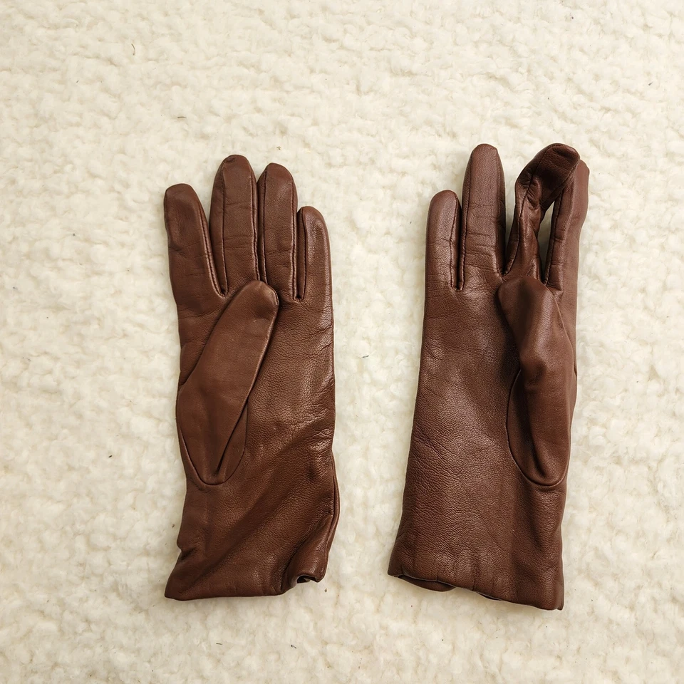复古皮革手套 M 100% 羊绒衬里巧克力棕色旧钱 — 第 3/4 张图片