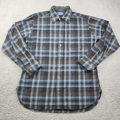 Vtg Pendleton Shirt Mens L Blue Lodge Plaid Wool Flannel Lined Collar Pocket