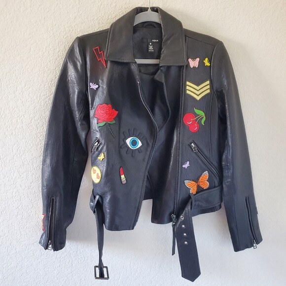 Aqua black patch moto leather jacket size XS Retail $348 | eBay