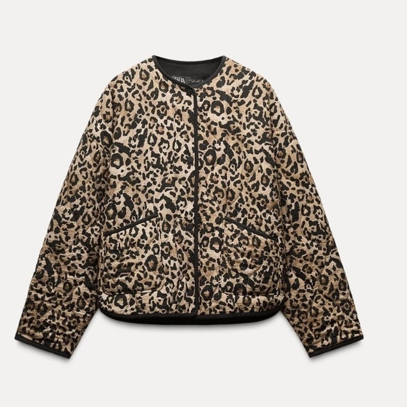 Zara Leopard Quilted Jacket Coat Womens Size Small Leopard Cheetah Animal Print